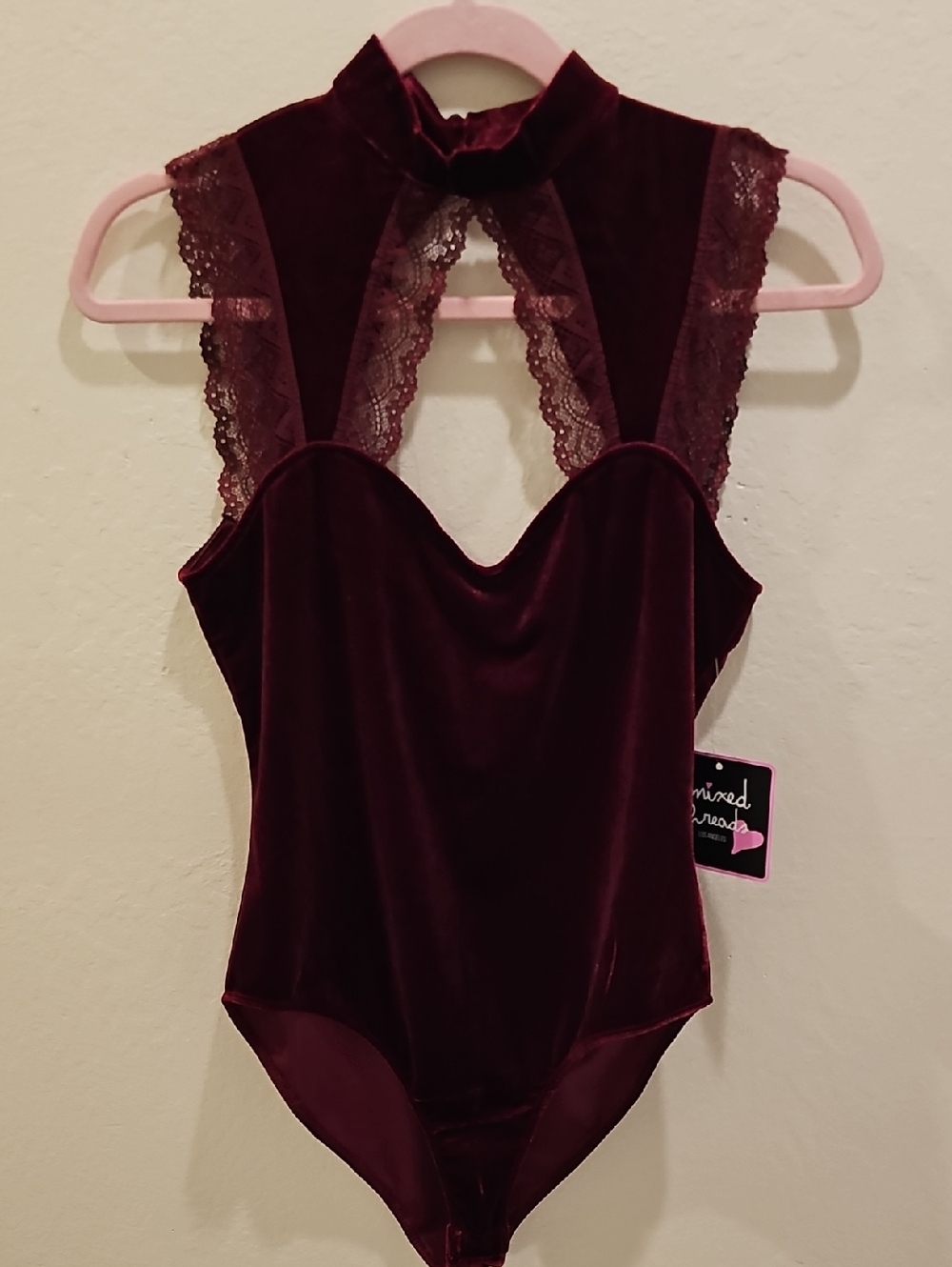 Velvet Lace High-Neck Bodysuit in Deep Wine